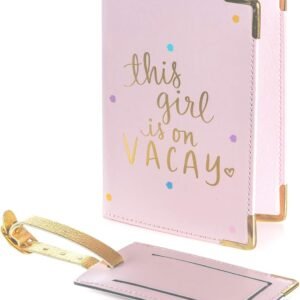 Eccolo Passport Cover Case And Luggage Tag Set, Card And Passport Holder for Women, Luggage Accessories for Travel, Gift Box, “This Girl Is On Vacay” (Pink, 5.5×4 inches)