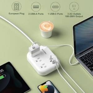 European Travel Plug Adapter with USB C, ROOTOMA Outlet Adapter US to Europe 3 Outlets 3 USB Ports, International Power Strip for EU Spain France Germany Iceland Greece, 3ft, White