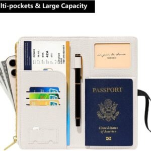 DOB SECHS Passport Holder for Travel Women RFID Blocking Leather Passport Wallet Travel Document Organizer Pouch Bag, Slim Passport Cover Case with Zipper Cash Pocket Purse+Card Slots+ID Window, White