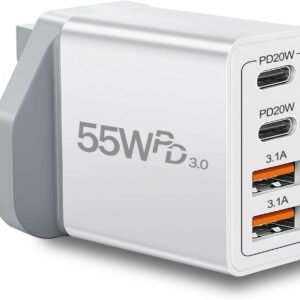 UK Travel Plug Adapter, Type G Plug Adapter 55W 4 Port UK USB C Charger Fast Charging Block UK Ireland Plug Charger for iPhone 16 15 14 13 12 11 Pro Max XS X 8, Galaxy, Pixel, Android