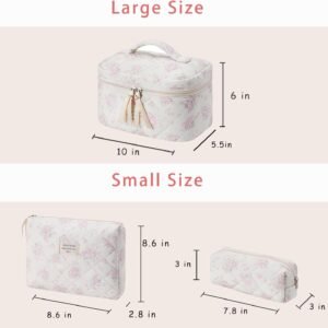 uekeboag Large Travel Quilted Makeup Bag for Women, Floral Cotton Cosmetic Bag, Coquette Aesthetic Floral Toiletry Organizer Bag