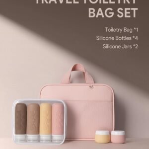 Lotour Travel Toiletry Bag for Women with Travel Size Silicone Containers Set, Hanging Toiletry Bag for toiletries, Cosmetic Bag Travel Organizer (Pink)