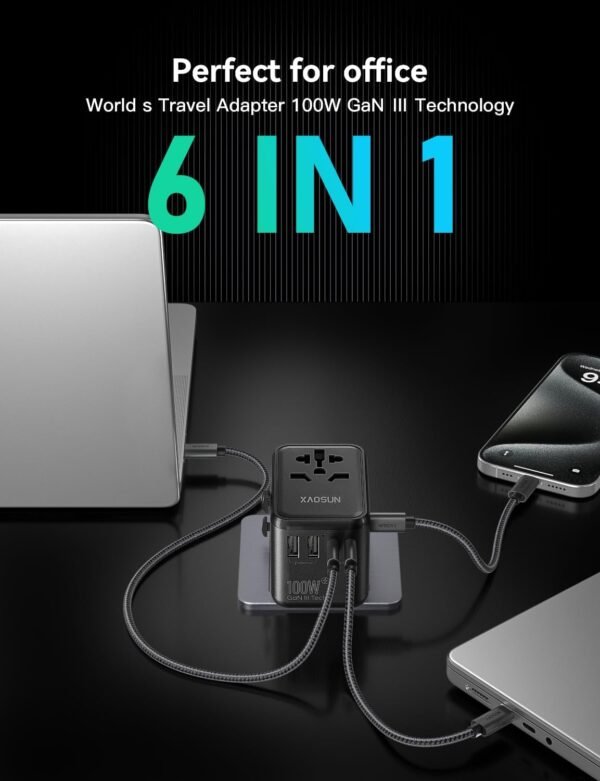 XAOSUN Universal Travel Adapter, 100W GaN Travel Plug Adapter, International Charger AC Plug Adapter 3 Type-C & 2 USB-A, Worldwide Travel for Most Europe EU US UK AU JP - Image 2