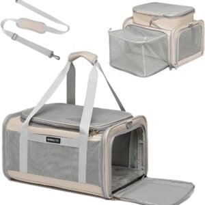Airline Approved Pet Carrier for Cats and Small Dogs up to 15 lbs, Breathable Mesh, Portable Travel Bag for Bearded Dragon, Puppies Animal Hangbag, Rabbit Cage (Khaki, Expandable)