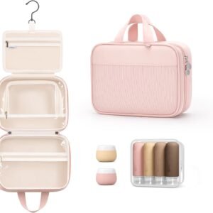Lotour Travel Toiletry Bag for Women with Travel Size Silicone Containers Set, Hanging Toiletry Bag for toiletries, Cosmetic Bag Travel Organizer (Pink)
