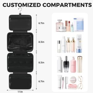 Toiletry Bag For women,Portable Hanging Organizer,4 Leakproof Compartment for full-sized Conditioner, Brushes Set, Makeup Accessories,Visible and easy to access.M-black