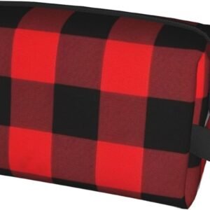 Travel Toiletry Bag for Women Men Leather Makeup Bag Large Portable Travel Organizer Buffalo Check Cosmetic Bag with Hanging Hook Travel Bathroom Bag Zipper Pouch Purse