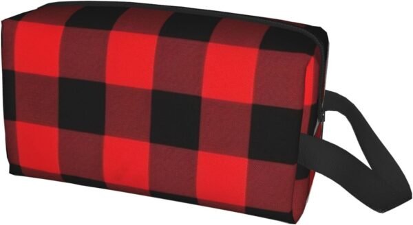 Travel Toiletry Bag for Women Men Leather Makeup Bag Large Portable Travel Organizer Buffalo Check Cosmetic Bag with Hanging Hook Travel Bathroom Bag Zipper Pouch Purse - Image 2