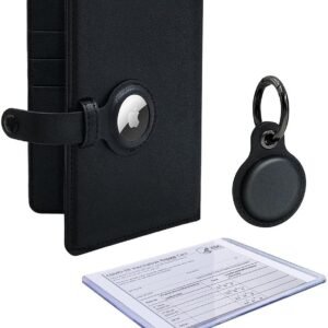 AirTag Wallet Passport Travel Package with Cover Holder Case and Luggage Keychain Tag Accessory with Vaccine Card Protector for Men and Women (Black)