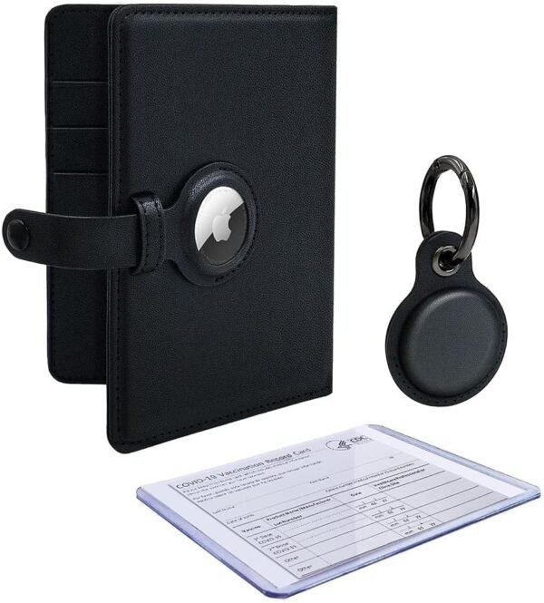 AirTag Wallet Passport Travel Package with Cover Holder Case and Luggage Keychain Tag Accessory with Vaccine Card Protector for Men and Women (Black)
