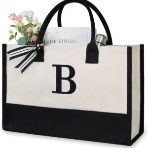 TOPDesign Personalized Initial Canvas Beach Bag, Monogrammed Gift Tote Bag for Women
