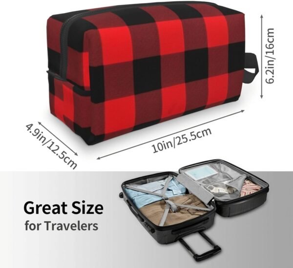 Travel Toiletry Bag for Women Men Leather Makeup Bag Large Portable Travel Organizer Buffalo Check Cosmetic Bag with Hanging Hook Travel Bathroom Bag Zipper Pouch Purse - Image 4