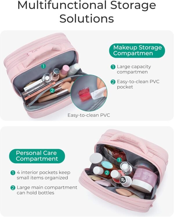 BAGSMART Toiletry Bag for Women, Travel Makeup Bag, Wide-open Portable Make Up Bag Organizer for Women for Travel Essentials Travel-Size Toiletries Accessories Bottles, Brushes, Khaki - Image 3