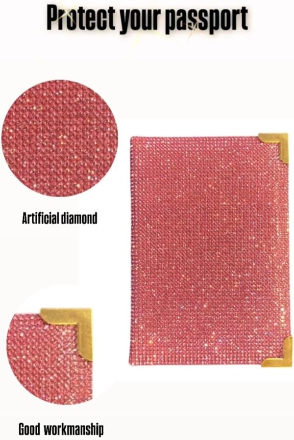 Diamond Bling Passport Cover with Metal Edge Protector, Vacation Essential, Wallet Organizer, Small Gift, Travel Accessories for Women and Men (Pink/Gold Edge) - Image 2