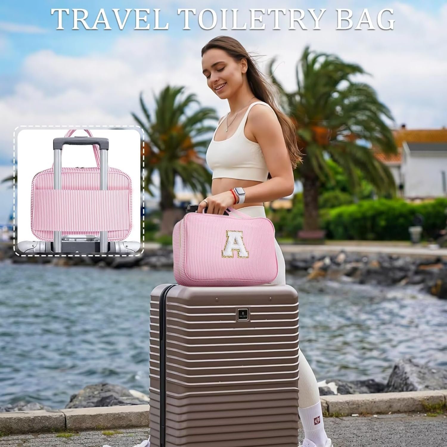 YOOLIFE Hanging Toiletry Bag Makeup Bag for Women Girls, Initial Toiletry Bag Cosmetic Bag, Personalized Birthday Gifts for Women Teen Girls, Letter A, Blue - Image 3