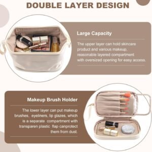 DOJUNS Cosmetic Travel Bag, Double Layer Large Makeup Organizer Leather Waterproof Toiletry Bag for Women Girls (White)