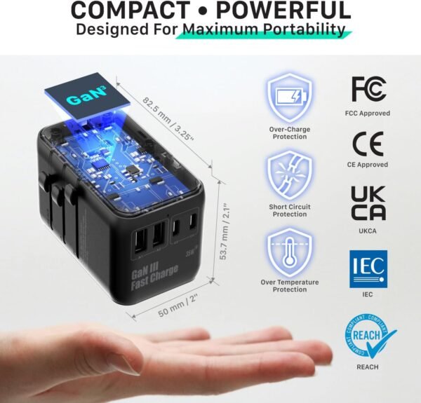 Fosmon Universal Travel Adapter Worldwide with Built-in USB C Cable, 35W GaN III/PD Fast Charging International Travel Plug Adapter, 6 in 1 Power Charger Outlet with 4 USB Ports for US to EU UK AUS - Image 8