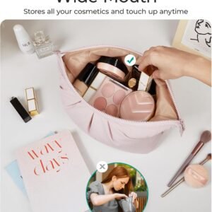 BAGSMART Makeup Bag Travel Makeup Bag, Cute Make Up Bag, Large Capacity Cosmetic Bags for Women, Wide-open Makeup Pouch Travel Essentials Toiletries Accessories Brushes (Nude Pink)