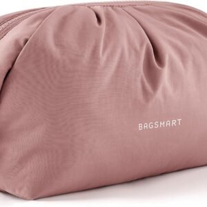 BAGSMART Makeup Bag Travel Makeup Bag, Cute Make Up Bag, Large Capacity Cosmetic Bags for Women, Wide-open Makeup Pouch Travel Essentials Toiletries Accessories Brushes (Nude Pink)