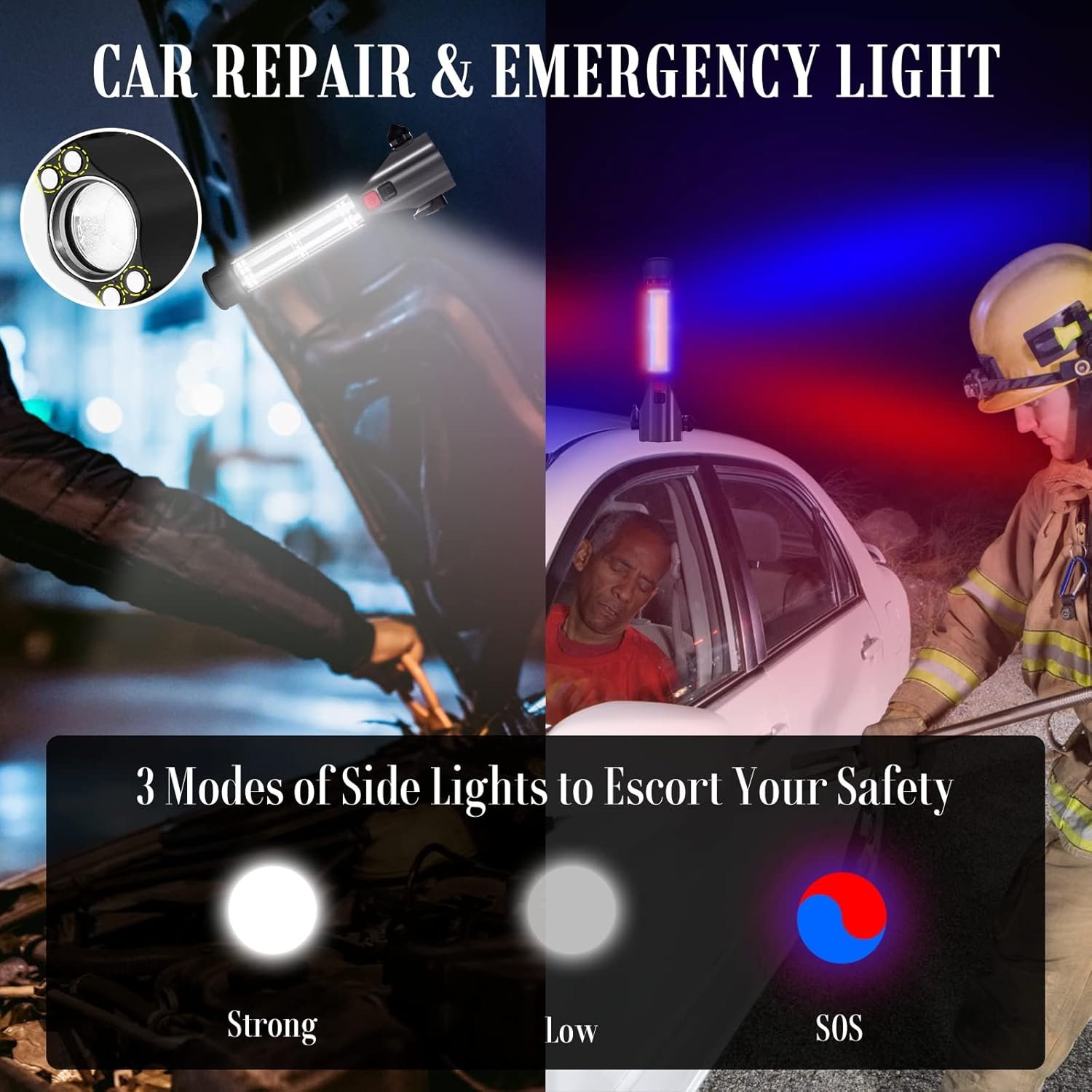 Solar Powered Car Safety Hammer Flashlight with Seatbelt Cutter, LED High Lumens, Red and Blue SOS Flashing, USB Charging, Magnetic Attraction, Portable Design - Image 5