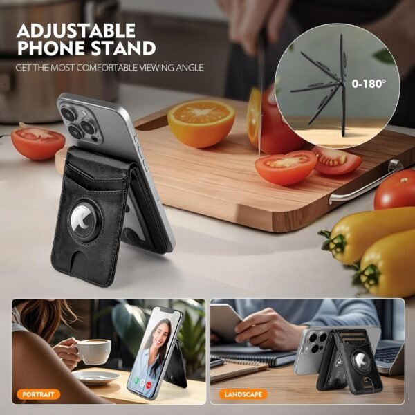 for Magsafe Wallet Stand with Airtag Holder,PU Leather RFID Blocking Card Holder,5 Card Slots,ID Window,Flip Kickstand for iPhone 16/15/14/13/12/Pro/Max/Plus,Not Fit iPhone Mini,Black - Image 2