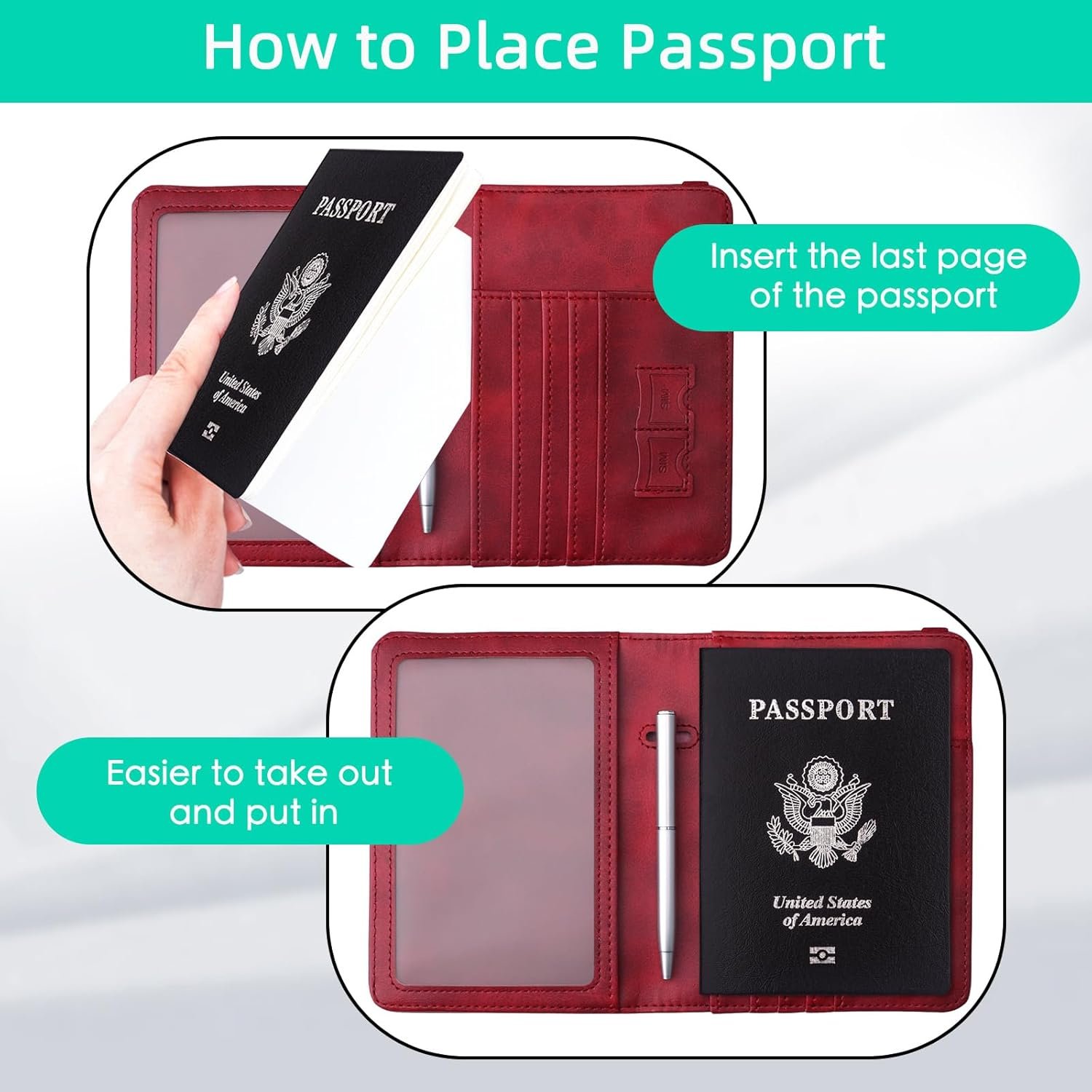 WALNEW Passport Holder Wallet, RFID Blocking Passport Cover Case PU leather Card Holder with Pen and Clear Card Slot for Women Men, Red - Image 6