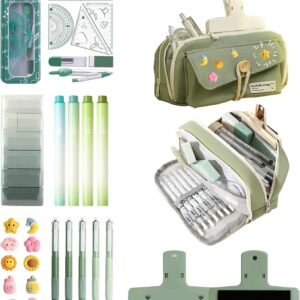 34 PCS Pencil Case Set with Large Capacity, 4-Compartment Pouch, Portable Soft Canvas, Highlighter Pens, Correction Tape, Clip, Compass Set, Easy Wash, Elegant Aesthetic Study Essentials (green)