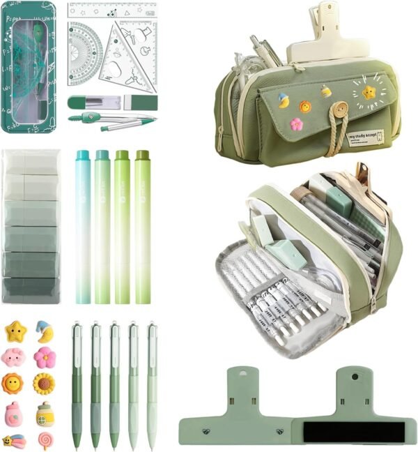 34 PCS Pencil Case Set with Large Capacity, 4-Compartment Pouch, Portable Soft Canvas, Highlighter Pens, Correction Tape, Clip, Compass Set, Easy Wash, Elegant Aesthetic Study Essentials (green)