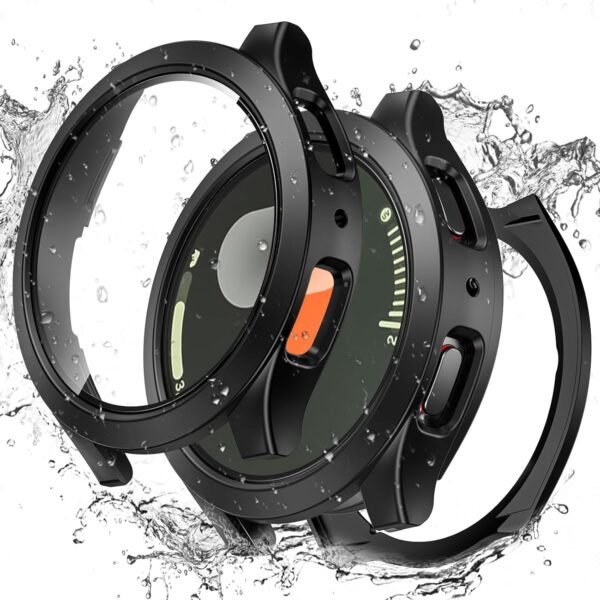 Goton [2 in 1] Waterproof Case for Samsung Galaxy Watch 7 6 5 4 FE 44mm 40mm, 360° Protective Hard PC Front & Back Bumper with Tempered Glass Screen Protector for Galaxy Watch Cover 7 40mm Black