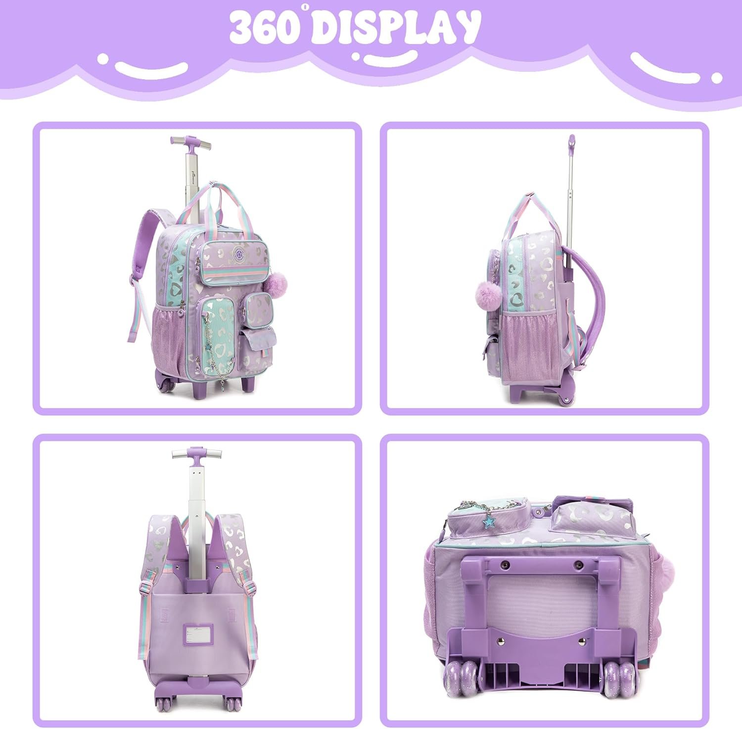 3pcs Teens Rolling Backpack Cute Wheeled, Trolley School Bag with Star Glitter, Travel Roller Backpack with Wheels School Bookbag - Image 3