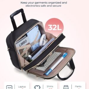 BAGSMART Women’s Rolling Laptop Bag for 15.6 Inch Laptop, Underseat Carry-On Luggage with TSA Lock, Wheeled Computer Briefcase for Travel Work Business, Black