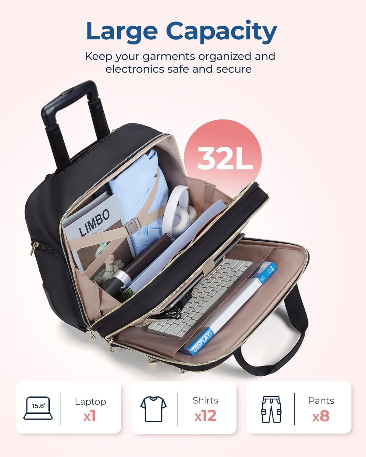 BAGSMART Women's Rolling Laptop Bag for 15.6 Inch Laptop, Underseat Carry-On Luggage with TSA Lock, Wheeled Computer Briefcase for Travel Work Business, Black - Image 2