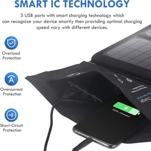 BigBlue 28W Solar Charger with 3 USB Ports(5V/4.8A Max in Total), Portable Solar Phone Charger, Foldable Camping Solar Panels Compatible for iPhone 11/Xs/XS Max/XR/X/8/7, iPad, Galaxy S9/S8, LG etc - Image 4