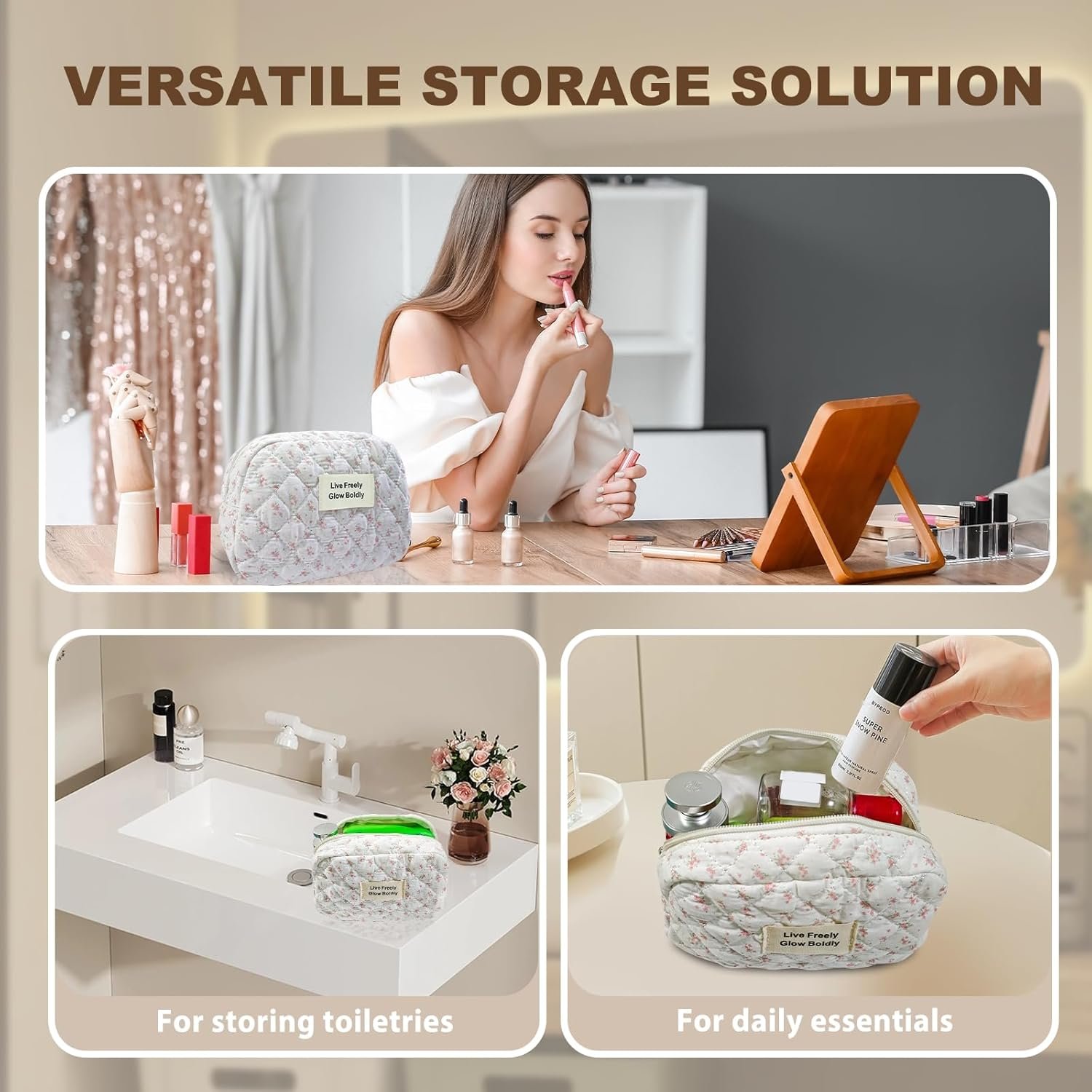 3Pcs Large Travel Quilted Makeup Bag, Double Layer Cute Floral Cotton Toiletry Bag, Aesthetic Flower Cosmetic Bag Coquette Skincare Organizer Bag for Wome (74-PinkFloral) - Image 5