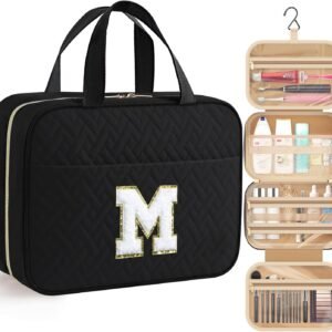 HOTOR Travel Toiletry Bag – Personalized Chenille Initial Makeup Bag, Water-Resistant Personalized Gifts for Women, Portable Travel Accessories & Essentials, Letter M, Black, 11.4″×9.0″×3.35″