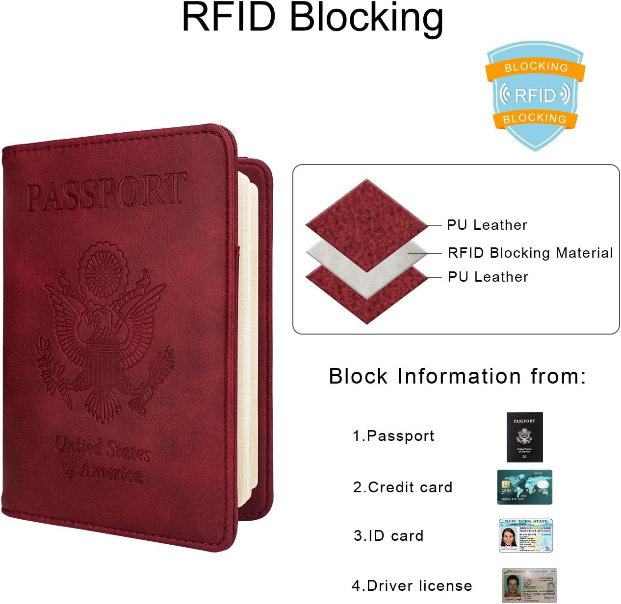 WALNEW Passport Holder Wallet, RFID Blocking Passport Cover Case PU leather Card Holder with Pen and Clear Card Slot for Women Men, Red - Image 7