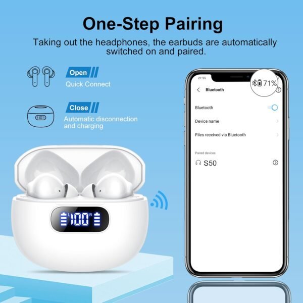 Wireless Earbuds, Bluetooth 5.3 Headphones LED Power Display, 2025 New Wireless Earphones, 4 ENC Noise Cancelling Mic, HiFi Stereo, 48H Playtime Mini Case IP7 Waterproof for Work & Play - Image 5