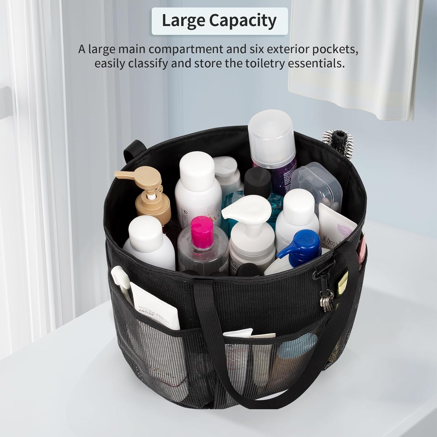 Mesh Shower Caddy Portable, Large Capacity Shower Bag Quick Dry Bathroom Tote, Travel Toiletry Bag Organizer with 6 Pockets for Dorm Room, Gym, Bathroom, Swimming, Camping, Beach, Travelling - Image 2