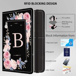 Initial Passport Holder, RFID Blocking Personalized Letter Passport Cover Wallet with Credit Card Slot and Boarding Pass Slot Combo, Leather Travel Documents Organizer Women Men, Flower letter B