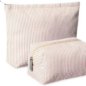 2 Pieces Makeup Bag Set Cute Cosmetic Pouch for Women Seersucker Travel Toiletry Bag Preppy Small Makeup Purse Pouch Aesthetic Skincare Brushes Storage Organizer for Women(Khaki)