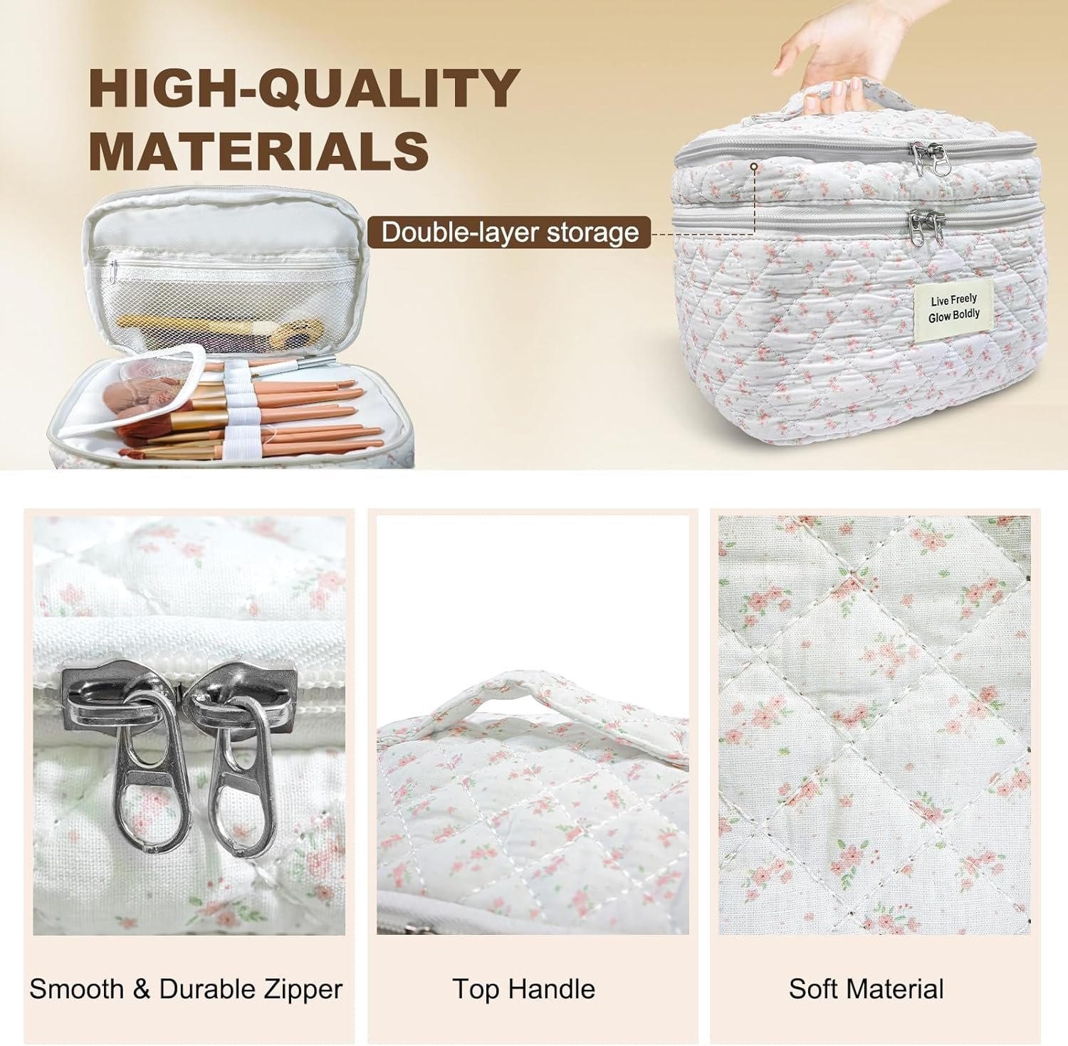 3Pcs Large Travel Quilted Makeup Bag, Double Layer Cute Floral Cotton Toiletry Bag, Aesthetic Flower Cosmetic Bag Coquette Skincare Organizer Bag for Wome (74-PinkFloral) - Image 2