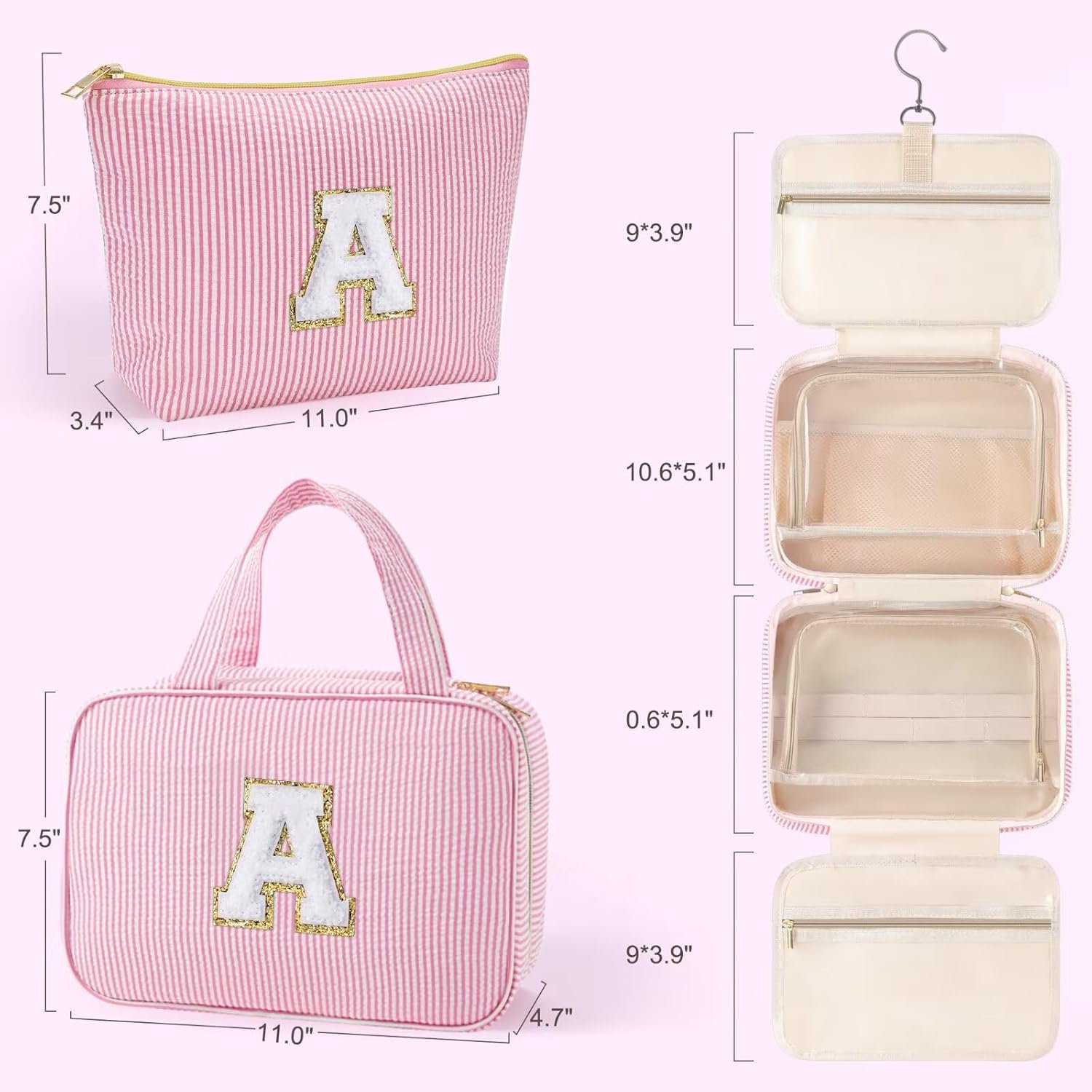 YOOLIFE Hanging Toiletry Bag Makeup Bag for Women Girls, Initial Toiletry Bag Cosmetic Bag, Personalized Birthday Gifts for Women Teen Girls, Letter A, Blue - Image 5