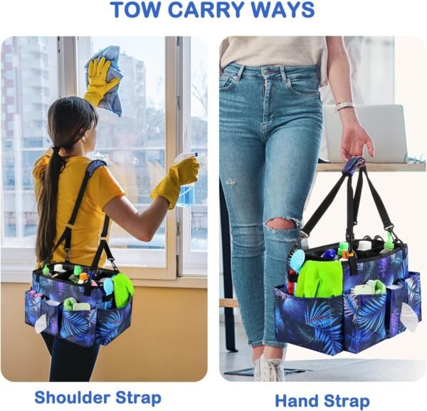 Wearable Cleaning Caddy Bag with Handle, Multi-functional Cleaning Supplies Caddy Organizer with Handle and Shoulder Strap for Car Wash, Gardening Tools, Painting/Picnic Items, Beach (Blue Leaves) - Image 4