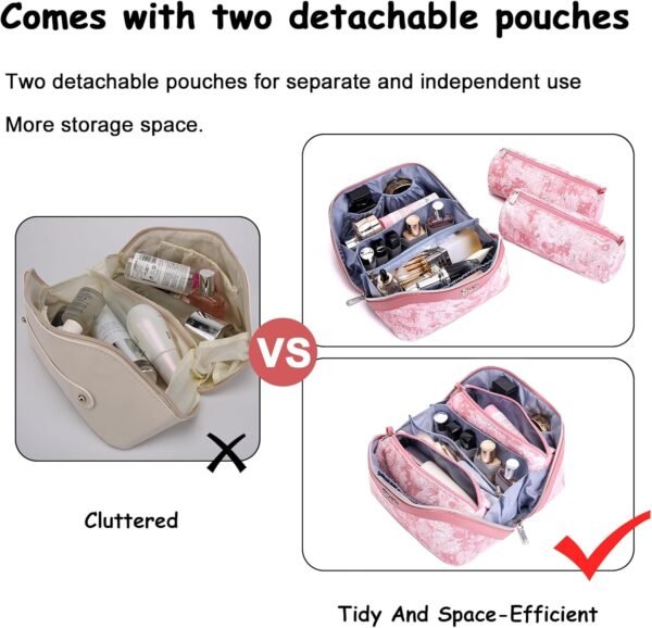 BOYATU Travel Makeup Bag for Women: Large Capacity Make up Bag with Compartments - Vegan Leather Cosmetic Bag set of 3 - Waterproof Toiletry Bag with Handle & Divider(D-04Pink) - Image 8
