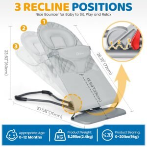 Orzbow Portable Baby Bouncer, Foldable Baby Bouncer Seat with Storage Bag and Removable Play Bar, 3 Recline Positions, 0-12 Months Up to 20lbs, Ergonomic Design, Easy to Wash, Gray