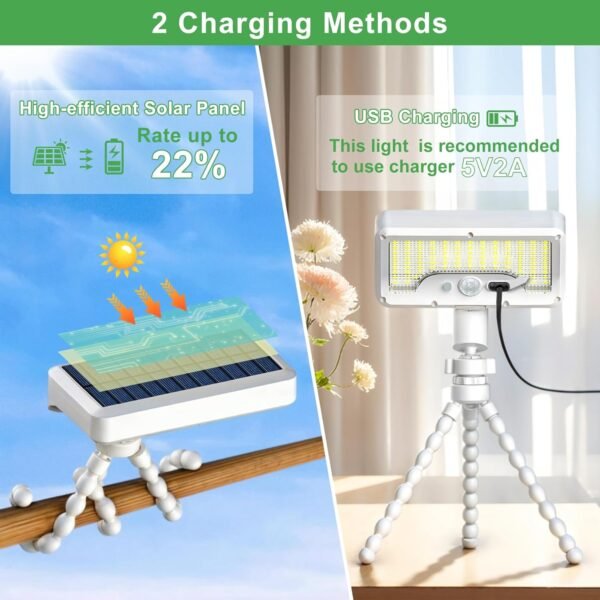 Tryme Solar Lights Outdoor with Motion Sensor, USB & Solar Powered, Adjustable Angle, 3 Modes, Octopus Stand, IP65 Waterproof Fence Lights for Garden, Gate (2 Pack) - Image 4