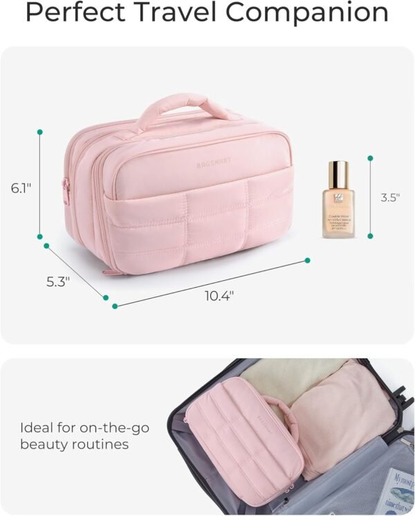 BAGSMART Toiletry Bag for Women, Travel Makeup Bag, Wide-open Portable Make Up Bag Organizer for Women for Travel Essentials Travel-Size Toiletries Accessories Bottles, Brushes, Khaki - Image 6