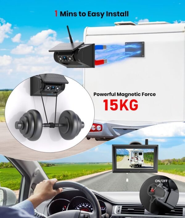 Solar Wireless Magnetic Backup Camera for Truck: 5" 1080P Recording Monitor Portable Trailer Rear View Camera, 1Mins DIY Install & Long Battery Life IR Night Vision RV Camera for Camper-S3 - Image 3
