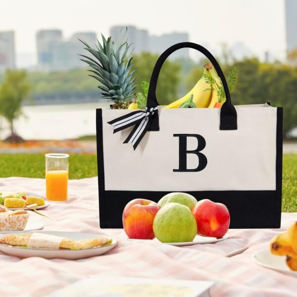 TOPDesign Personalized Initial Canvas Beach Bag, Monogrammed Gift Tote Bag for Women - Image 4