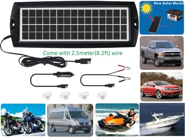 Sunway Solar Car Battery Trickle Charger & Maintainer 5W Solar Panel Power 12V Charger kit Portable Waterproof for Automotive RV Marine Boat Truck Motorcycle Trailer Tractor Powersports Snowmobiles - Image 3